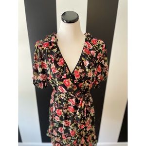 Black Floral V-Neck Mini Ruffle Dress NWOT